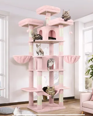 Zdjęcie produktu dla Krabpaal XXL, wysokość 204 cm - Różowa - drapak dla kotów z 3 platformami do wylegiwania się i domkiem dla kotów, idealny dla wielu kotów