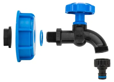 Produktbild von IBC-Tank-Adapter, blau, GW S60x6, mit 1/2"-Hahn und Schnellkupplung