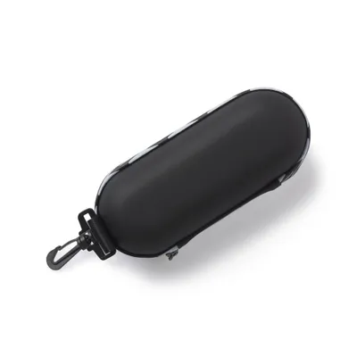 A black oval-shaped case with a clip on a white background.