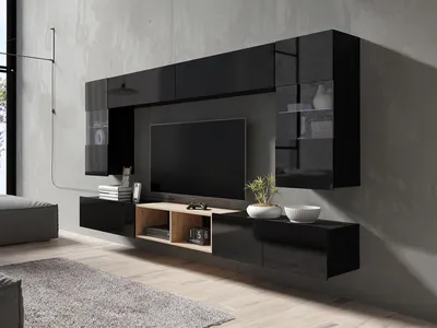 Produktbild von Wohnwand CALABRINI-24 Wohnzimmer-Set Hängewohnwand Schrankwand Schrank TV-Schrank Vitrine mit LED-Beleuchtung Moderne Anbauwand Hochglanz (Schwarz / Artisan Eiche)
