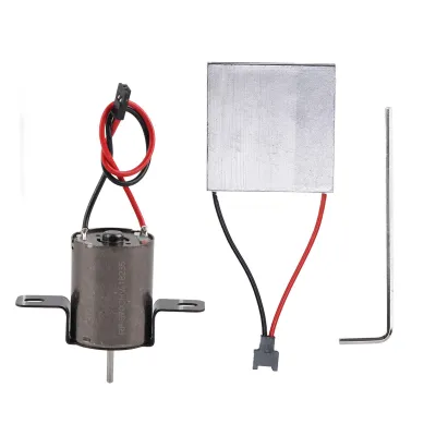 A small electric motor, a thermoelectric cooler, and an Allen wrench are laid out on a white background.