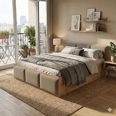 Produktbild von Komvortowy | Polsterbett 160x200 Cm | EICHE CRAFT GOLD | Doppelbett Mit Metall-Lattenrost & Gasdruckfeder | GRAUE POLSTERPANEEL | Großem Bettkasten & Stauraum | Hochklappbar Nach Oben