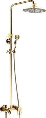 Produktbild von Duschsystem - Regendusche 20 cm & Handbrause - Luftinjektion - Höhenverstellbar 135,5 cm - Wandmontage - Zweigriff, Keramik-Kartusche - Gold