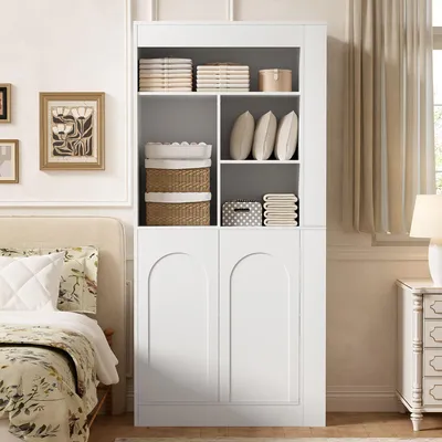 Produktbild von Merax Vitrine, Sideboard, Hoher Aufbewahrungsschrank mit offenen Regalen, 2 Türen, Hochschrank, Mehrzweckschrank für Wohnzimmer, Weiß