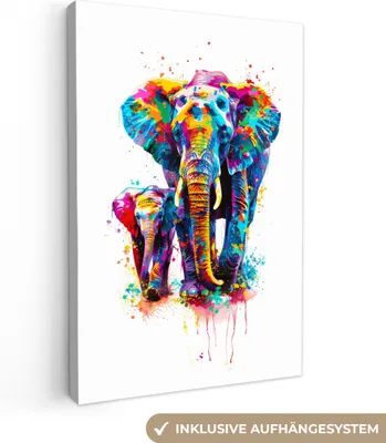Produktbild von MuchoWow® - Leinwandbilder - Elefanten - Tiere - Farbe - Farbenfroh, Wandbild, Wanddeko Bilder Wohnzimmer, 60x90 cm