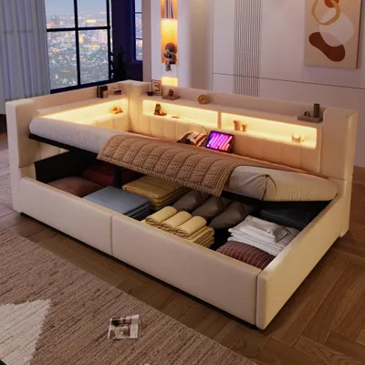 Produktbild von Multifunktionales Daybett mit Hydraulische Lagerungt, USB/Type-C Ladefunktion, LED-Licht & Leinenbezug, Sofabett, Einzelbett, Doppelbett (Ohne Matratze), Beige, 90x200cm