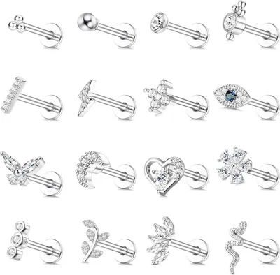 Zdjęcie produktu dla Helix Tragus Piercing Set 16 sztuk 16G Stal chirurgiczna CZ Moon Heart Leaf Monroe Medusa Labret Nose Lips Ear Silver