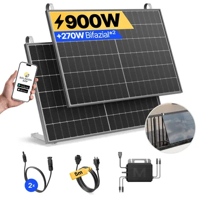 Produktbild von Balkonkraftwerk 900W Solaranlage mit Balkon Halterung Steckerfertig Komplettset Photovoltaik Anlage 800W, Kabellänge: 5m, Solakon - onLite