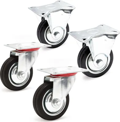 Zdjęcie produktu dla Zestaw kółek transportowych Wiltec 75 mm 2x kółko skrętne bez hamulca i 2x kółko stałe, z płytą montażową, 50 kg na kółko