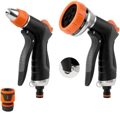 Produktbild von Hoofun 2 Stück Gartenbrause Spritzpistole, 10+2 Funktionen Gartenspritze mit Schnellanschluss, Einstellbarer Wasserdurchfluss, Handbrause für Rasen, Haustiere, Garten, Gehweg, Blumen, Auto, Orange