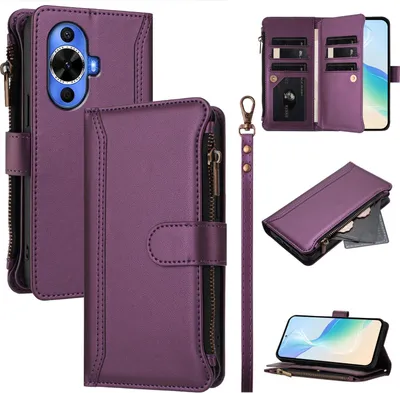 Produktbild von Handyhülle für Huawei Nova 12s Reißverschluss Geldbörse Kunstleder Klapphülle mit Kartensteckplatz, Ständer, Handschlaufe Lila