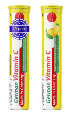 Produktbild von German Vitamin C Brausetabletten 2x20 Stk. – Zitronengeschmack – 180 mg Vitamin C Zuckerfrei – T&D Pharma – Germany