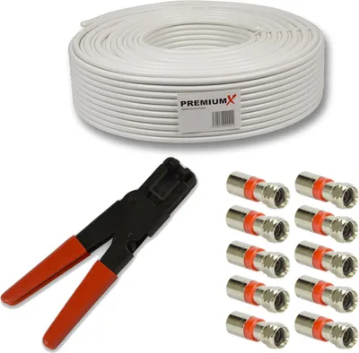 Produktbild von PremiumX 50m BASIC Koaxialkabel 135dB SAT Presszange 10x Kompressionsstecker