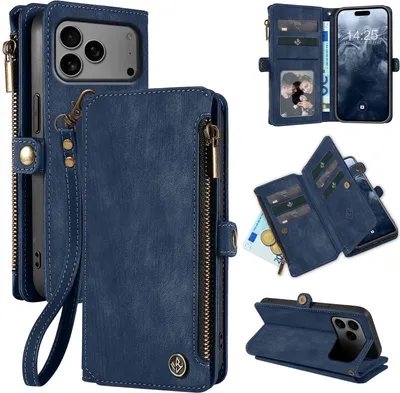 Collage of a blue leather wallet phone case for an iPhone.