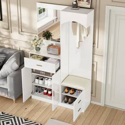 Produktbild von MODFU Garderobenschrank Kompaktgarderoben mit Schuhschrank und Schminkspiegel auch Schuhbank,Flurschrank mit verdeckte Kleiderbügel und verstellbare Einlegeböden,Weiß