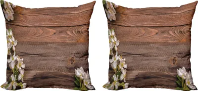 Immagine prodotto di ABAKUHAUS Set di copricuscini in legno rustico (2 pezzi), composizione di fiori bianchi su tavola in stile vintage, 50 x 50 cm, marrone avorio e verde