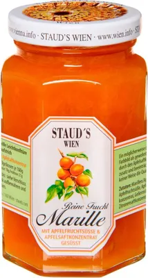 Produktbild von Marillenkonfitüre ohne Zucker mit Apfelsaft gesüßt, Fruchtaufstrich Aprikose, 250 g, Staud's Wien, Österreich