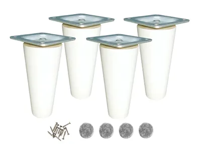 Four white tapered furniture legs with silver mounting plates and screws and felt pads on a white background.