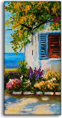 Produktbild von Wandbild Leinwand Bilder mit Uhr 30x60 Ölgemälde Blumen Bäume Meer Himmel - schwarze Hände