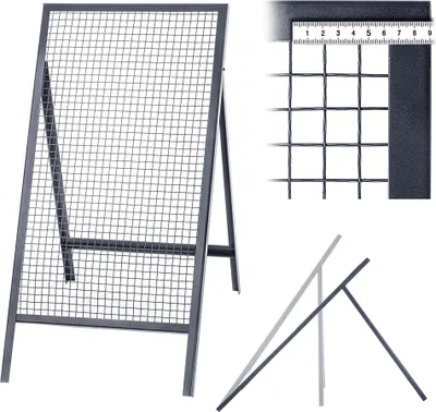 A collage of images showing a sieve for sand, earth, and masonry, with a close-up of the mesh and a ruler for scale, and a diagram showing its folded state.
