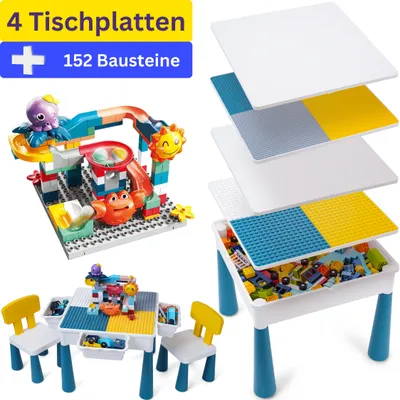 Produktbild von WonderMind® Spieltisch + 152 Bauklötze (DUPLO & LEGO kompatibel)  - Sandkasten (drinnen oder draußen) mit 2 Tischplatten und 2 Stühlen