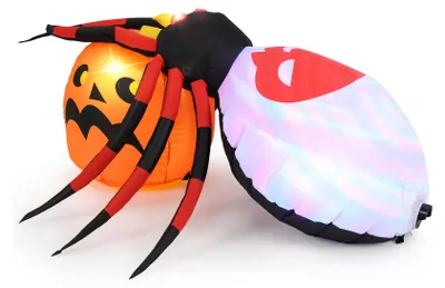 Produktbild von COSTWAY Aufblasbare Halloween-Spinne, Gruselige Spinnendekoration mit rotierendem LED-Lichter & Kürbis, Halloween-Dekoration für Party Rasen Hof, Selbstaufblasend