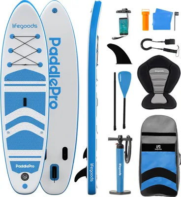Produktbild von LifeGoods PaddlePro SUP Board - Mit Sitz - Aufblasbares Paddle Board - Komplettes Set - Max. 135 KG - 320x81 cm - Weiß/Sky Blue
