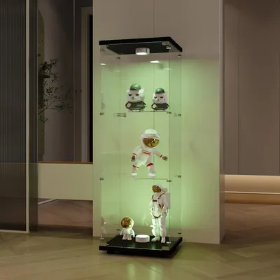 Zdjęcie produktu dla Witrażna szafka z oświetleniem LED, zamykana na klucz, z 3 półkami, wymiary: 125x42x36 cm, kolor: czarny