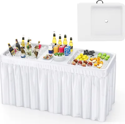 Zdjęcie produktu dla COSTWAY Składany stół kempingowy z podwójną umywalką, fartuchem i wężem spustowym, stół chłodzący do lodu 150 x 60 cm, stół ogrodowy, stół piknikowy składany stół przenośny