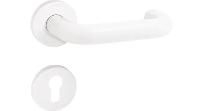 A white door handle set with a keyhole escutcheon on a white background.