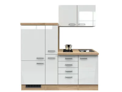 Produktbild von Singleküche mit E-Geräten - 190 cm breit - Hochglanz Weiß Sonoma Eiche – Valencia