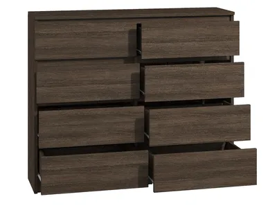 A chest of drawers with eight drawers, some of which are partially open.