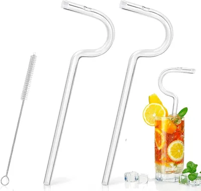 Productafbeelding van Herbruikbare rietjes - Set van 2 - Glazen rietjes - Wasbare rietjes - Lange gebogen rietjes - Herbruikbare glazen rietjes - Transparant voor kopjes