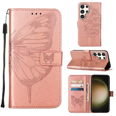 Produktbild von Galaxy S24 Ultra Hülle, Schmetterling Prägung Leder Kartenfächer Schutzhülle mit Ständer für Samsung Galaxy S24 Ultra Roségold