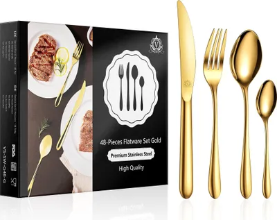 Produktbild von vancasso 48-tlg Besteck Set für 12 Personen, 18/10 Edelstahl mit Messer/Gabel/Löffel/Dessertlöffel, Poliert, mit Geschenkbox