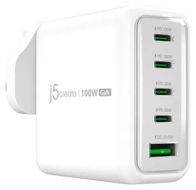 Zdjęcie produktu dla j5create 100W GaN Ładowarka USB-C® z 5 portami, Wewnętrzna, Prąd przemienny, Biały