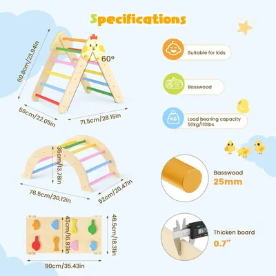 Produktbild von Kinder Kletterset aus Holz - Indoor Spielplatz Kletterdreieck - 7-in-1 Klettergerüst mit Rutsche und Kissen - Kleinkinder bis 3 Jahre - Mehrfarbig