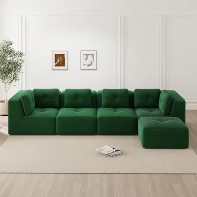 Immagine prodotto di Divano modulare per soggiorno, senza necessità di montaggio, 4 posti, rivestito in corda, seduta profonda, antiscivolo (verde)