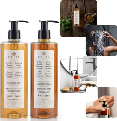Obrázek produktu pro PRIJA Kosmetická sada: tekuté mýdlo s ženšenovým extraktem + šampon na vlasy z rukoly 2x380ml