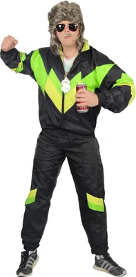 A man wearing an 80s-style tracksuit and wig, holding a can of soda.