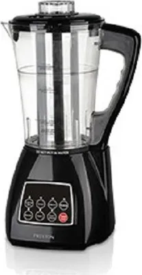 A black and clear blender on a white background.