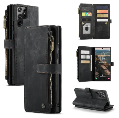 Immagine prodotto di Custodia in pelle per Samsung Galaxy S23 Ultra, custodia in Finto cuoio con cerniera, chiusura magnetica, tasca per carte, supporto, custodia a portafoglio nero