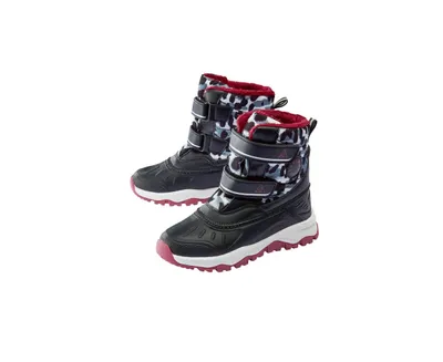 A pair of children's winter boots displayed against a white background.