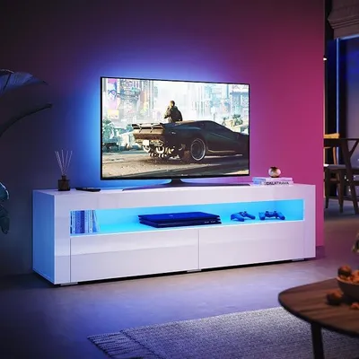 Imagen del producto de Mueble de TV de suelo, color blanco brillante, con iluminación LED, cajones de madera, dimensiones: 155 x 40 x 45 cm (largo)