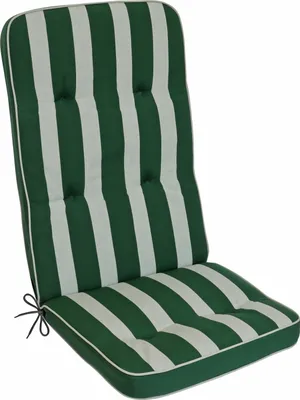 A green and white striped chair cushion on a white background.