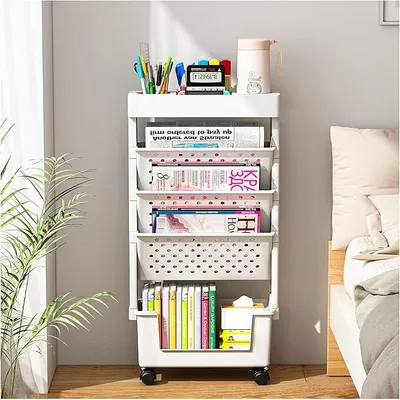 Produktbild von 5 Ebenen Schreibtisch-Organizer und Zubehör, Mit Rädern und Bremsen,für Bürobedarf, für den Schreibtisch,weiß