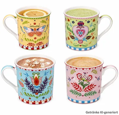 Zdjęcie produktu dla Zestaw 4 sztuk: kolorowe porcelanowe kubki Spring Folk o pojemności 250 ml – do herbaty i cappuccino