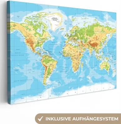 Produktbild von MuchoWow® - Leinwandbilder - Weltkarte - Statistisch - Blau - Erde - Bildung, Wandbild, Wanddeko Bilder Wohnzimmer, 30x20 cm