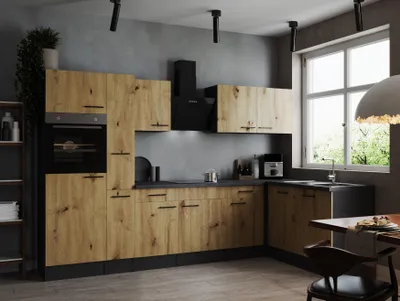 Produktbild von Küche Küchenzeile Winkelküche Grau Matt Artisan Eiche Oliver 310x172 cm Respekta