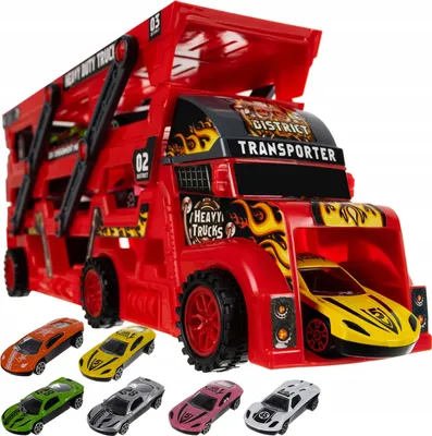 Produktbild von Spielzeug Autotransporter mit 6 Autos, 3 Decks, davon 2 beweglich und einer klappbaren Abschussrampe